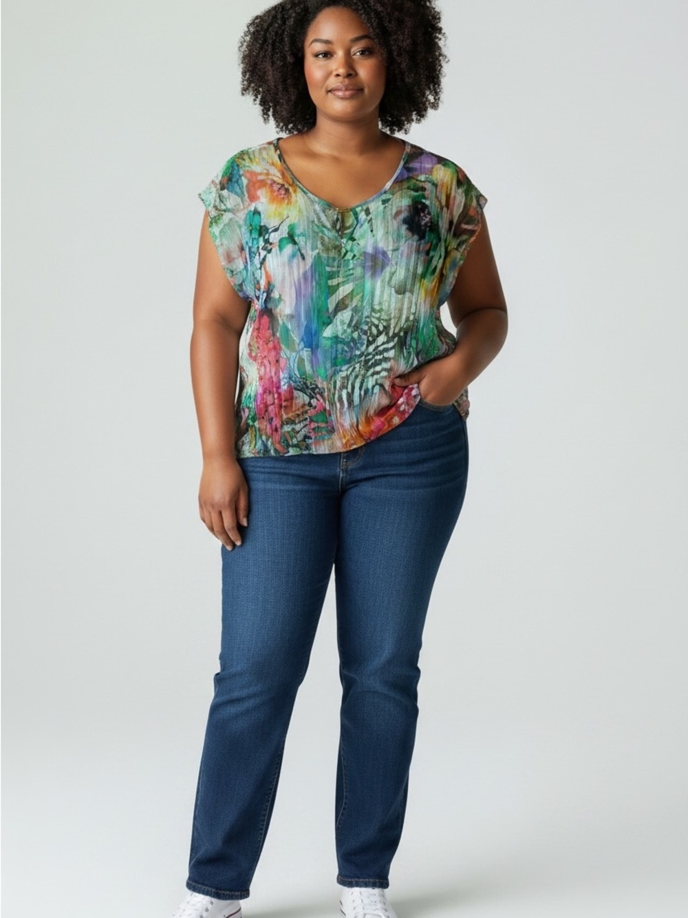 Watercolour Print V-Neck Sheer Lightweight Airy Top